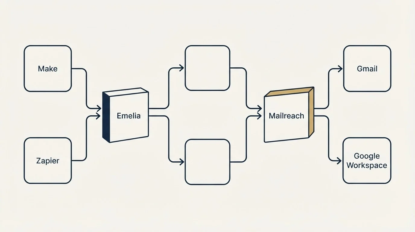 Integration flow: Integration Ecosystem (Emelia, Mailreach, Make, Gmail)