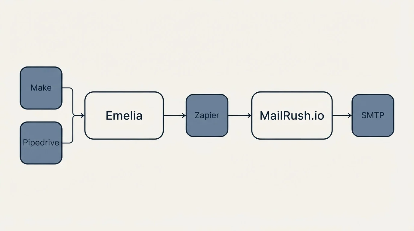 Integration schematic: Integration Ecosystem (Emelia, MailRush.io, Zapier, Make)