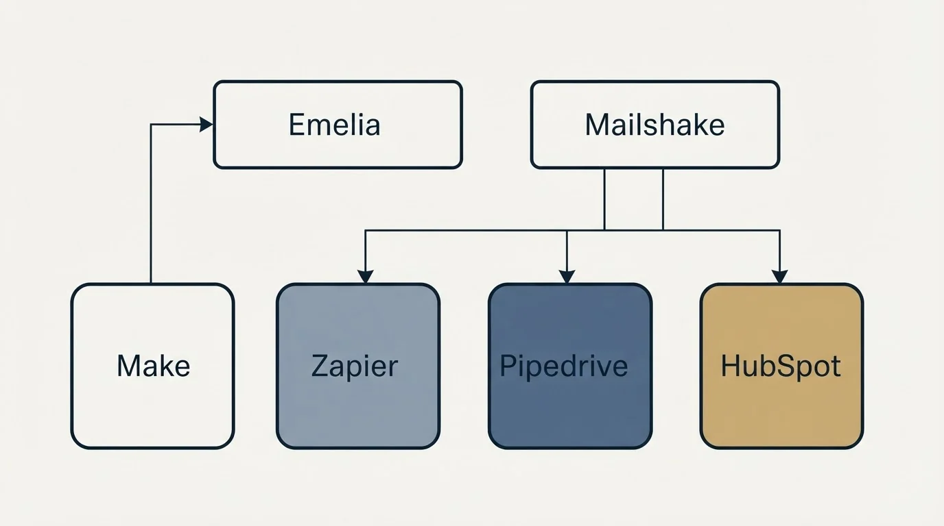 Integration grid: Integration Ecosystem (Emelia, Mailshake, Zapier, Pipedrive)