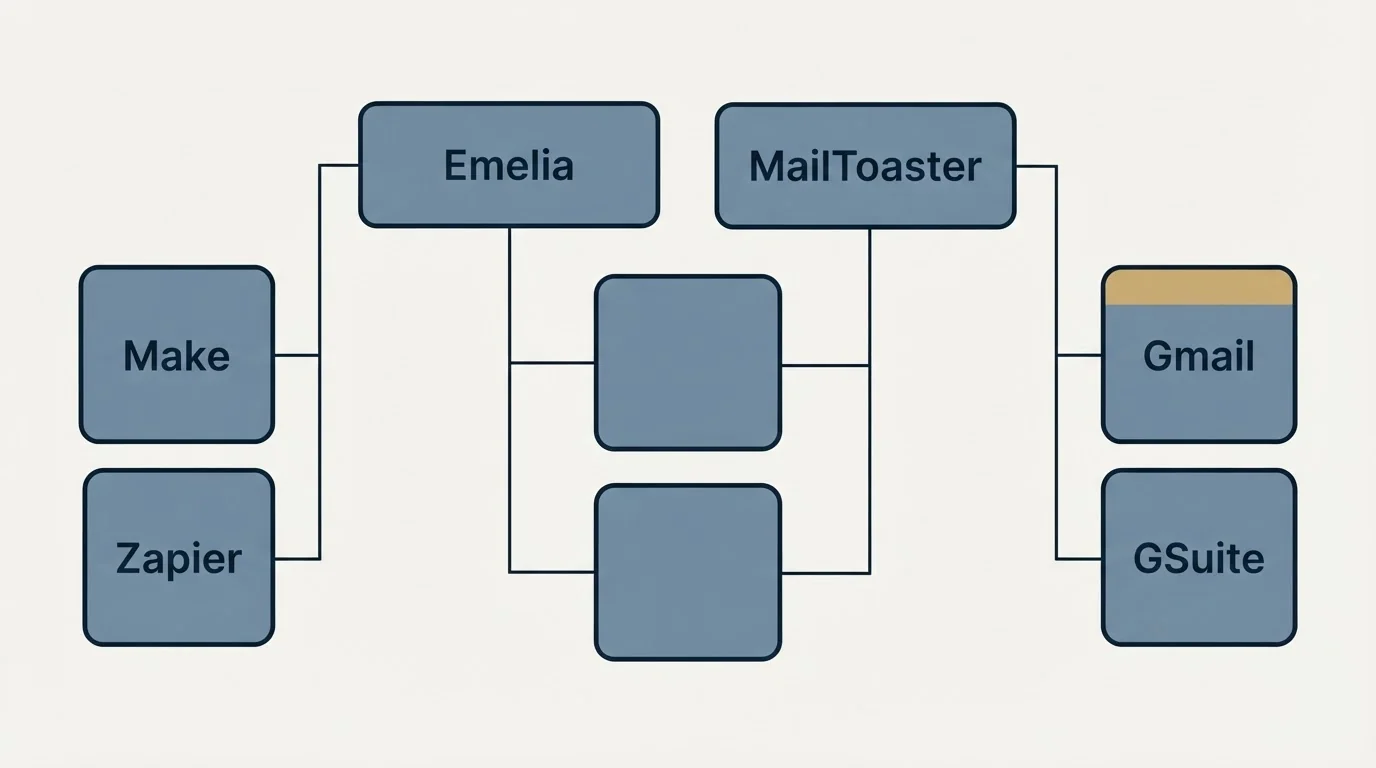 Integration grid: Integration Ecosystem (Emelia, MailToaster, Make, Gmail)