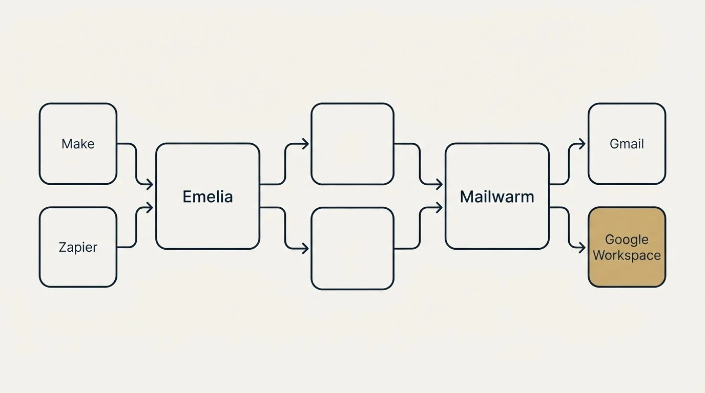 Integration schematic: Integration Ecosystem (Emelia, Mailwarm, Make, Gmail)