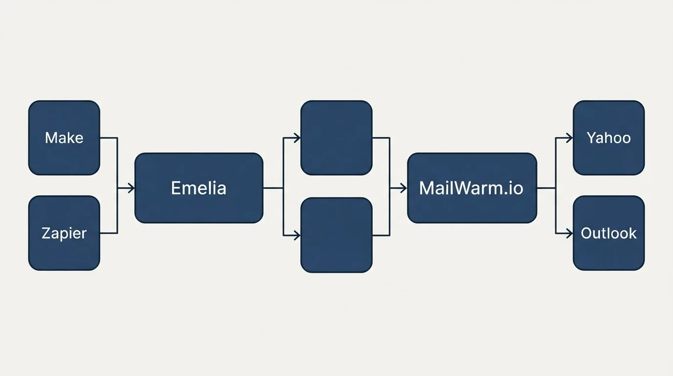 Integration flow: Integration Ecosystem (Emelia, MailWarm.io, Make, Yahoo)