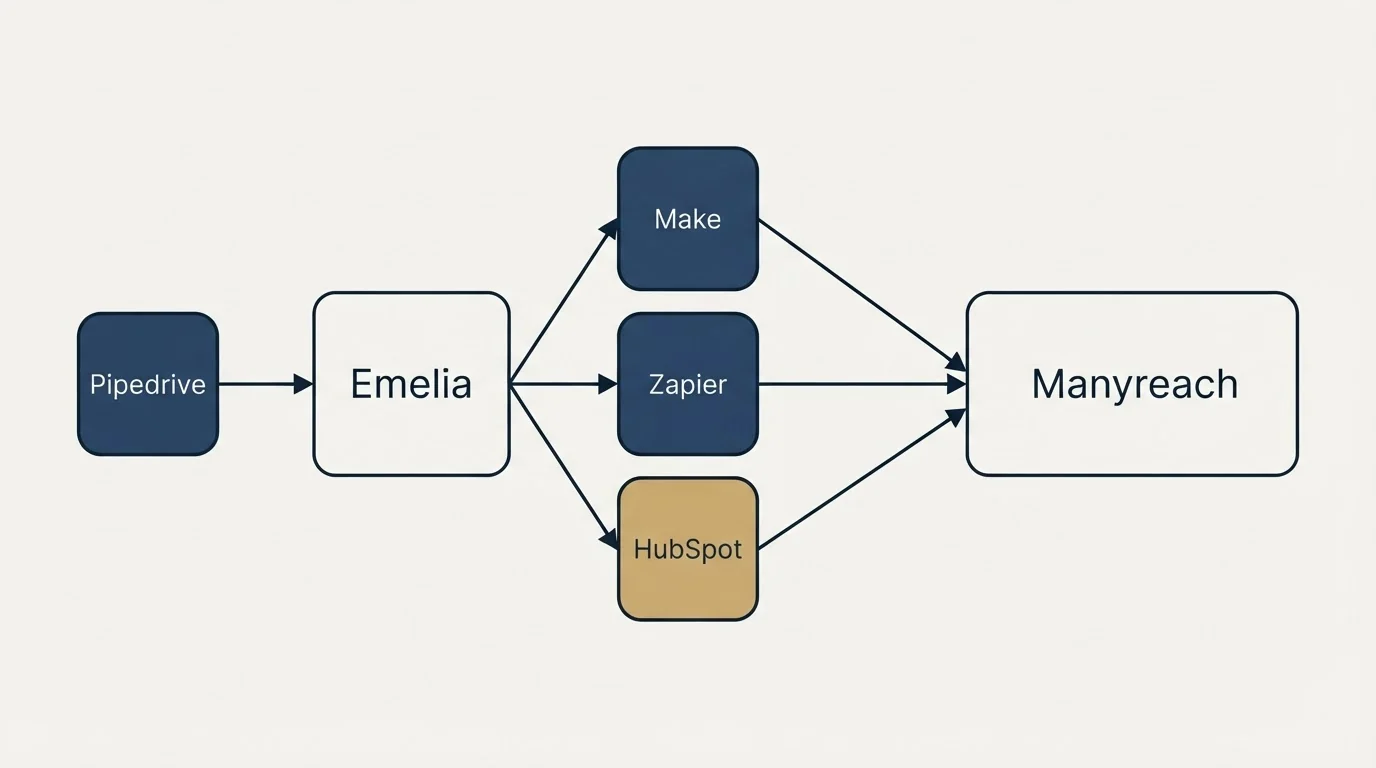 Integration schematic: Integration Ecosystem (Emelia, Manyreach, Make, Zapier)