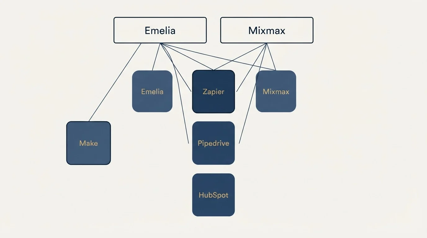 Integration grid: Integration Ecosystem (Emelia, Mixmax, Zapier, Pipedrive)