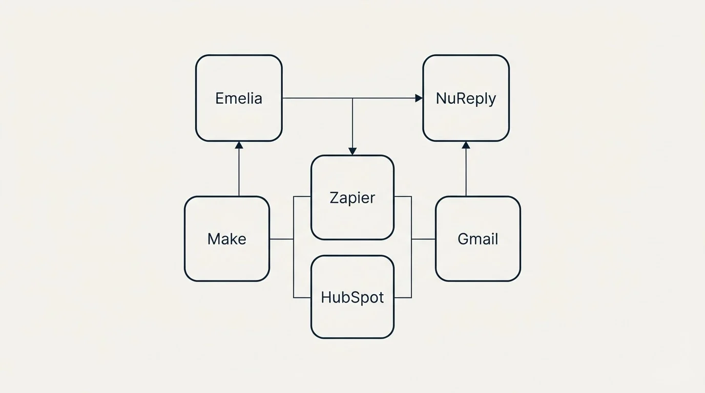 Integration grid: Integration Ecosystem (Emelia, NuReply, Zapier, HubSpot)