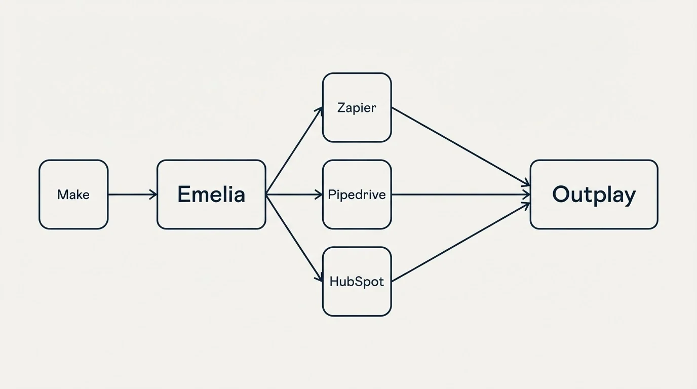 Integration schematic: Integration Ecosystem (Emelia, Outplay, Zapier, Pipedrive)