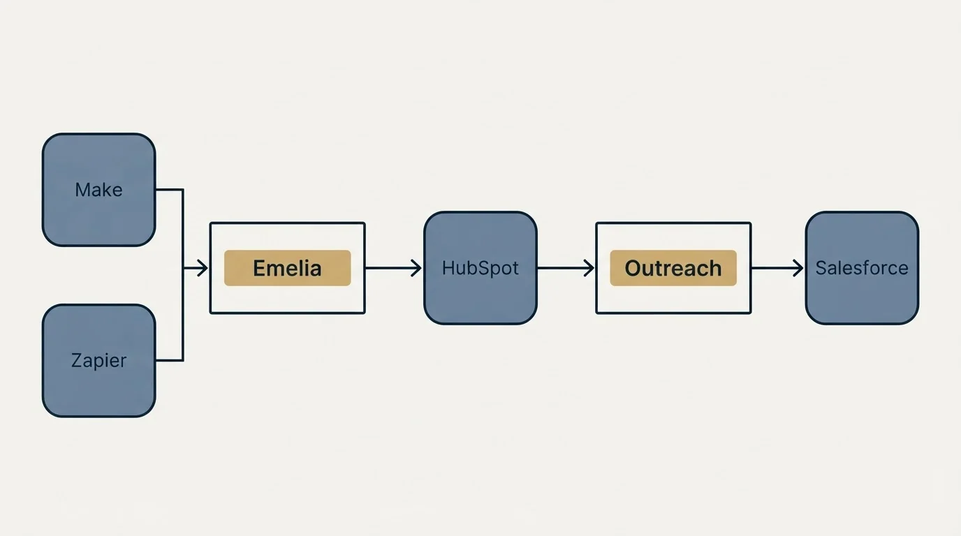 Integration schematic: Integration Ecosystem (Emelia, Outreach, HubSpot, Make)