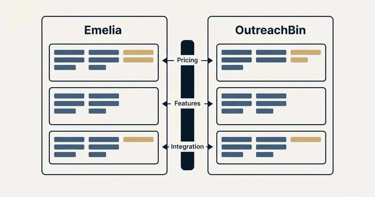 Comparison panel: Emelia vs OutreachBin (Pricing, Features, Integration)