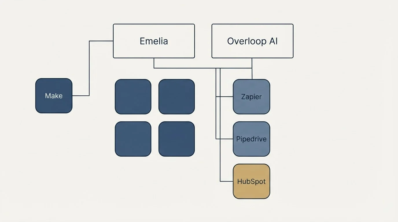 Integration grid: Integration Ecosystem (Emelia, Overloop AI, Zapier, Pipedrive)