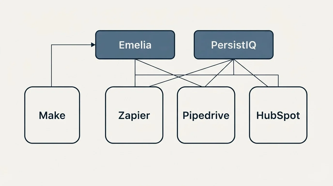 Integration grid: Integration Ecosystem (Emelia, PersistIQ, Zapier, Pipedrive)