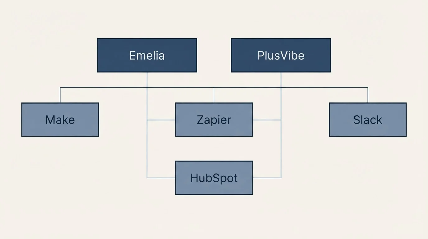 Integration grid: Integration Ecosystem (Emelia, PlusVibe, Zapier, HubSpot)