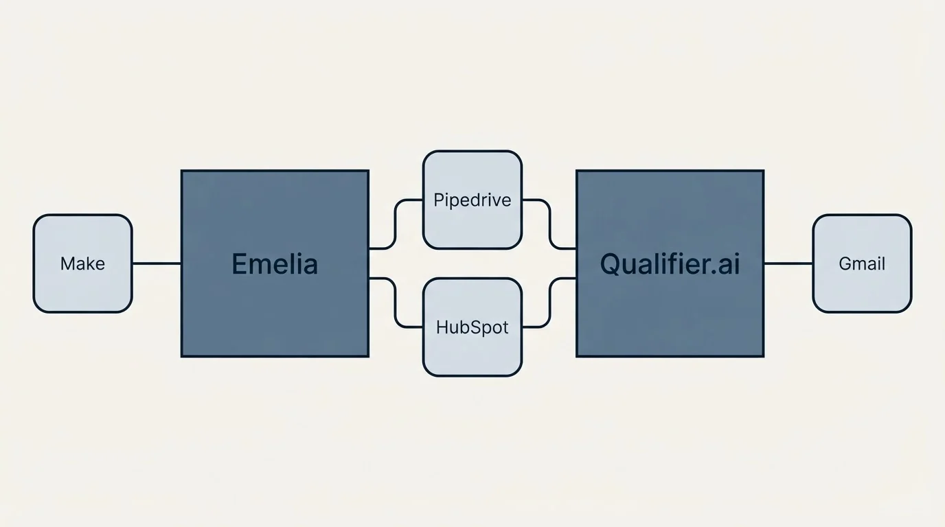 Integration schematic: Integration Ecosystem (Emelia, Qualifier.ai, Pipedrive, HubSpot)