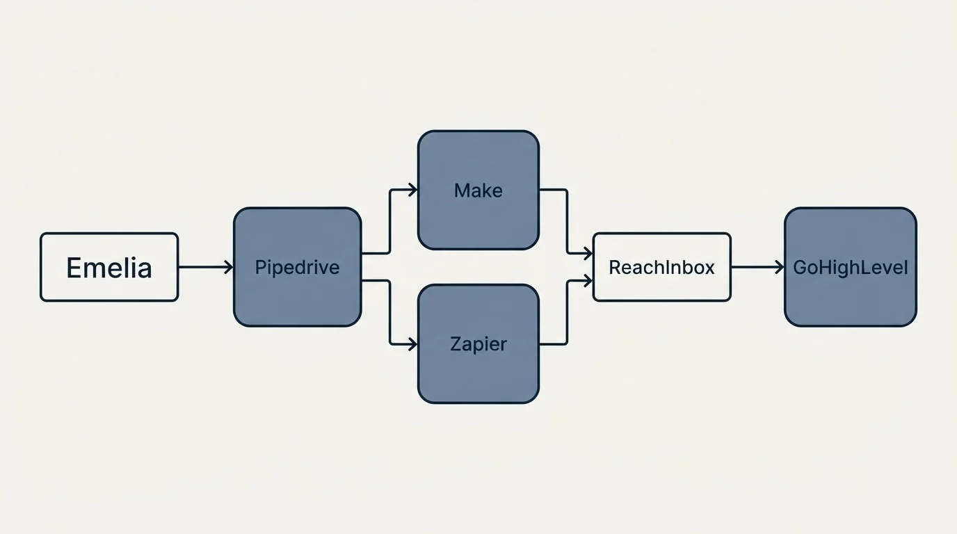 Integration flow: Integration Ecosystem (Emelia, ReachInbox, Make, Zapier)