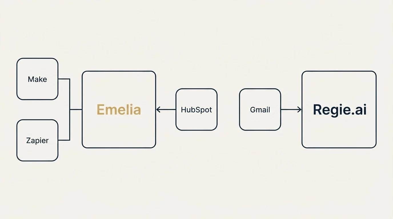 Integration flow: Integration Ecosystem (Emelia, Regie.ai, HubSpot, Make)