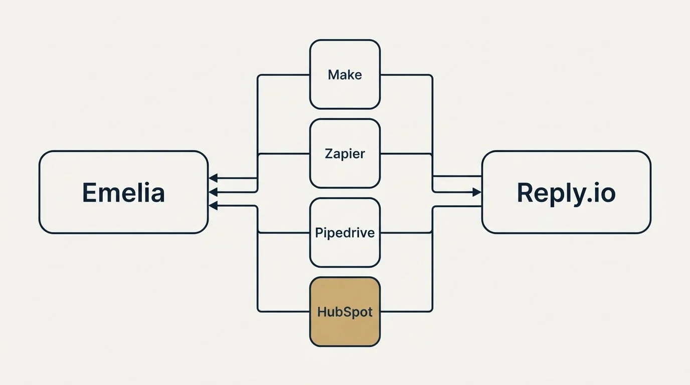 Integration schematic: Integration Ecosystem (Emelia, Reply.io, Make, Zapier)