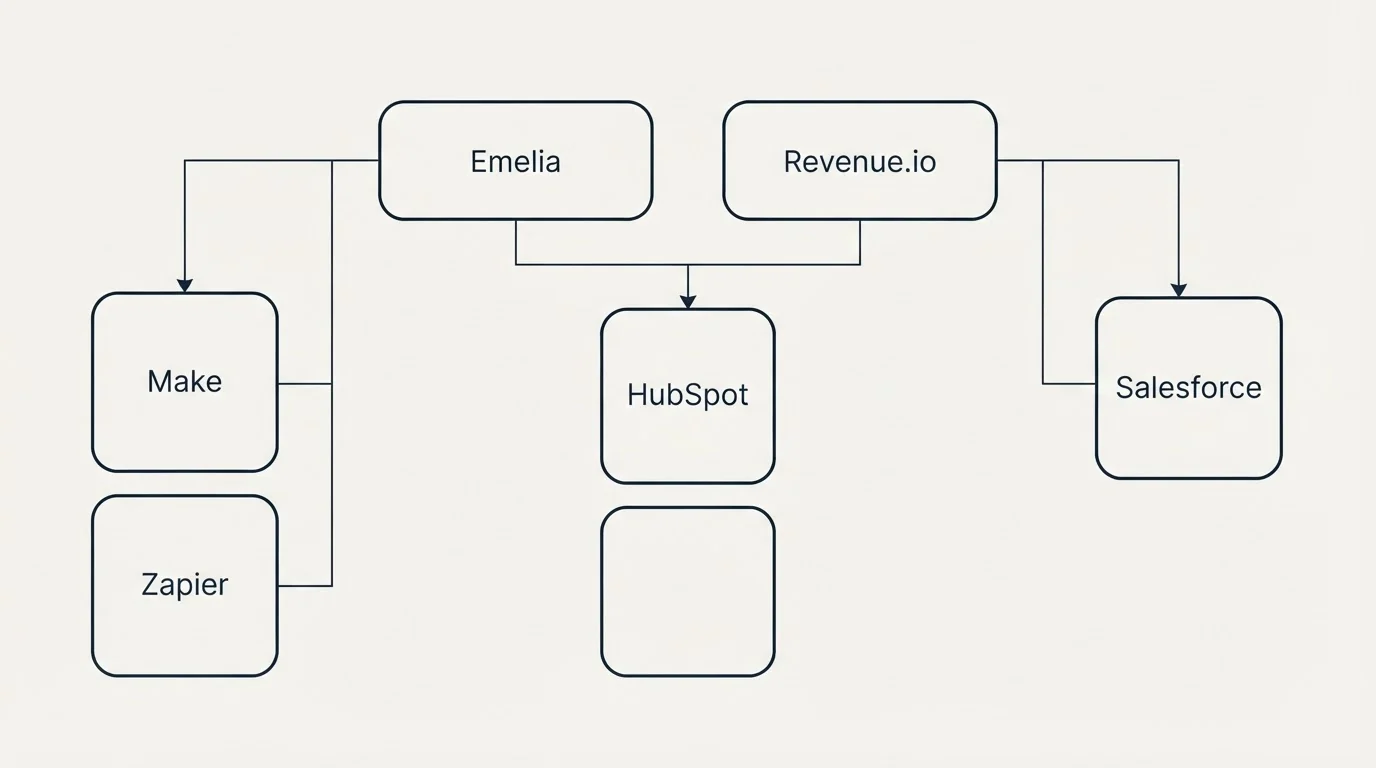 Integration grid: Integration Ecosystem (Emelia, Revenue.io, HubSpot, Make)
