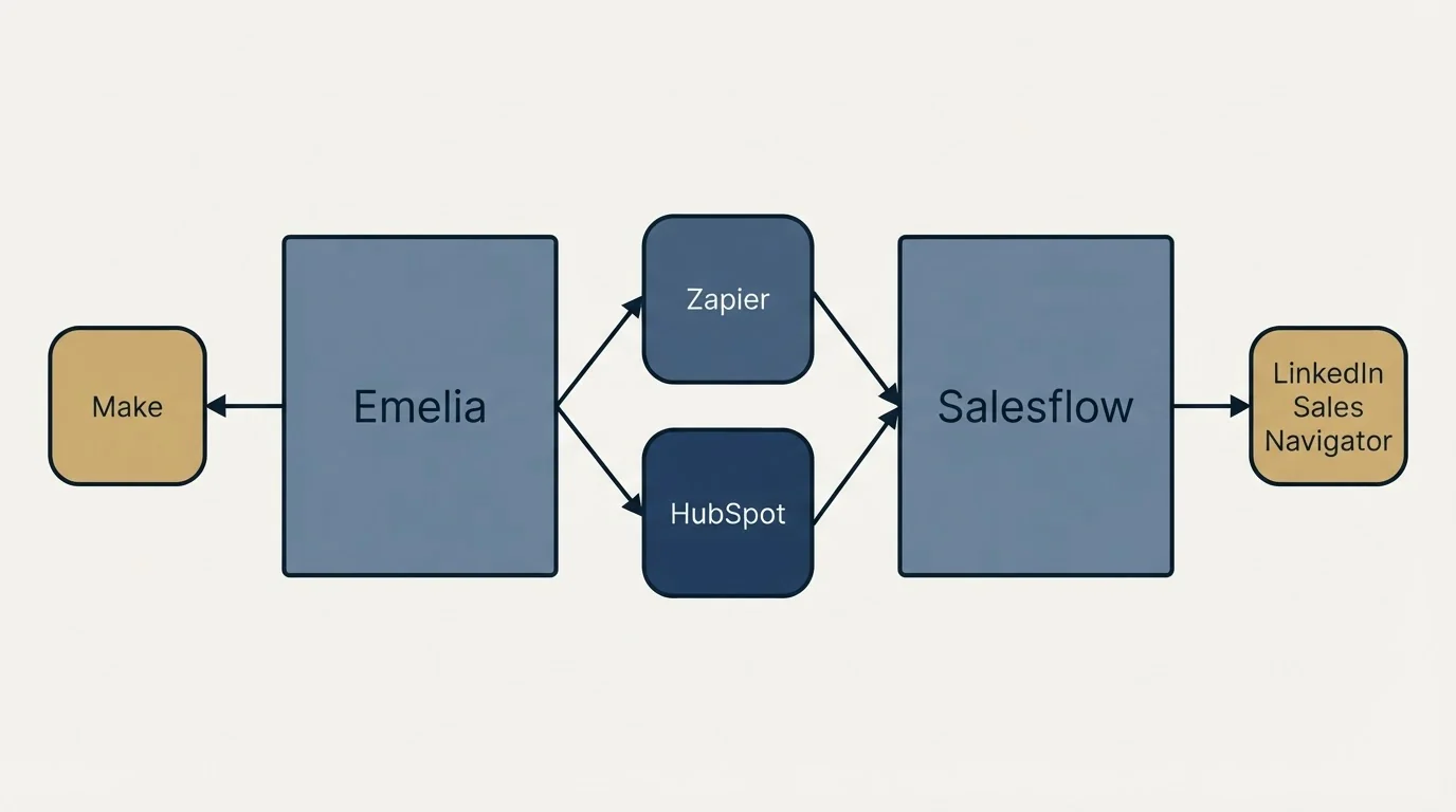 Integration schematic: Integration Ecosystem (Emelia, Salesflow, Zapier, HubSpot)