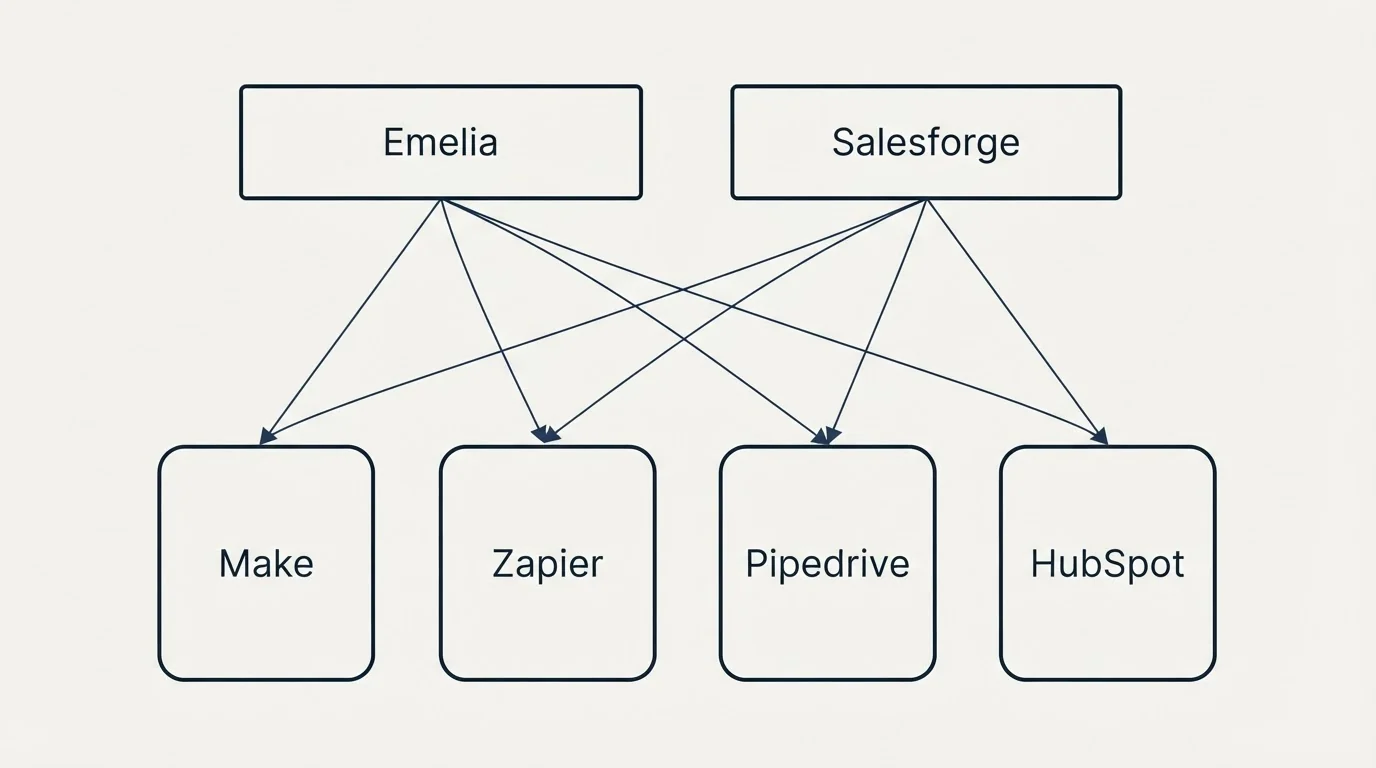 Integration grid: Integration Ecosystem (Emelia, Salesforge, Make, Zapier)