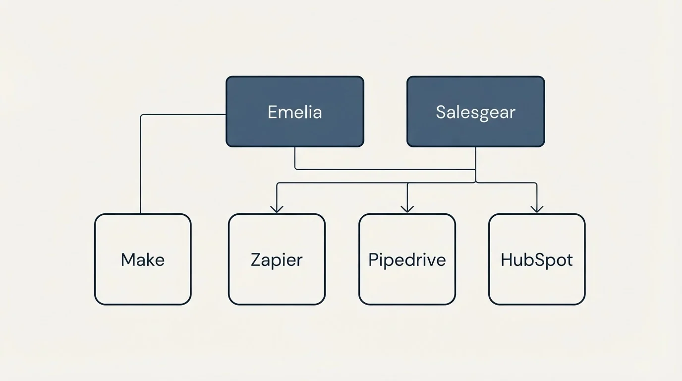 Integration grid: Integration Ecosystem (Emelia, Salesgear, Zapier, Pipedrive)
