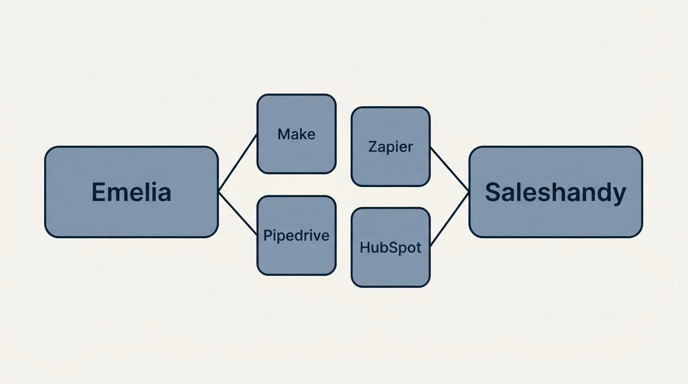 Integration schematic: Integration Ecosystem (Emelia, Saleshandy, Make, Zapier)