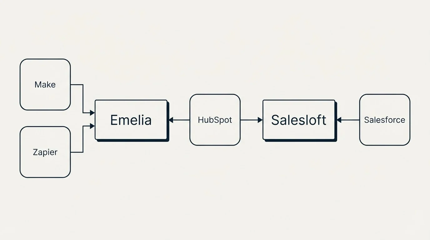 Integration flow: Integration Ecosystem (Emelia, Salesloft, HubSpot, Make)