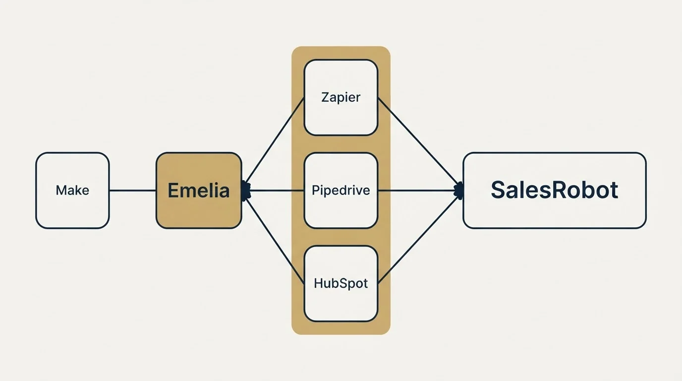 Integration flow: Integration Ecosystem (Emelia, SalesRobot, Zapier, Pipedrive)