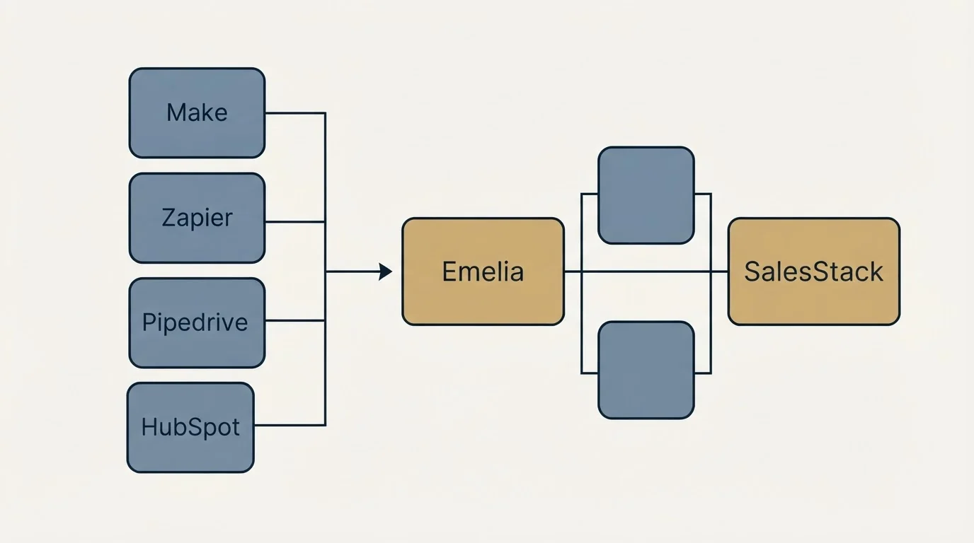 Integration flow: Integration Ecosystem (Emelia, SalesStack, Make, Zapier)
