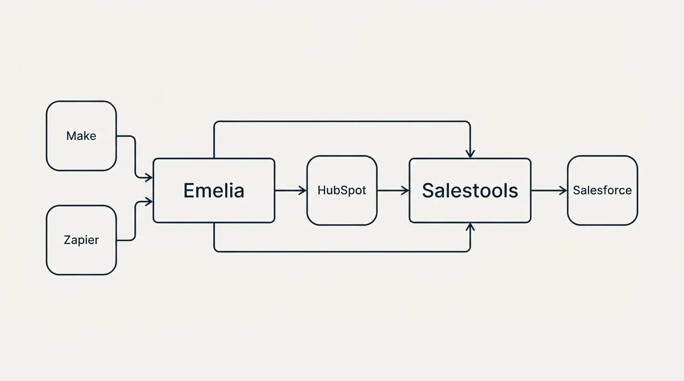 Integration schematic: Integration Ecosystem (Emelia, Salestools, HubSpot, Make)