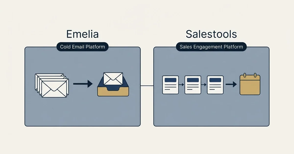 Side-by-side panels: Emelia vs Salestools (Cold Email Platform, Sales Engagement Platform)