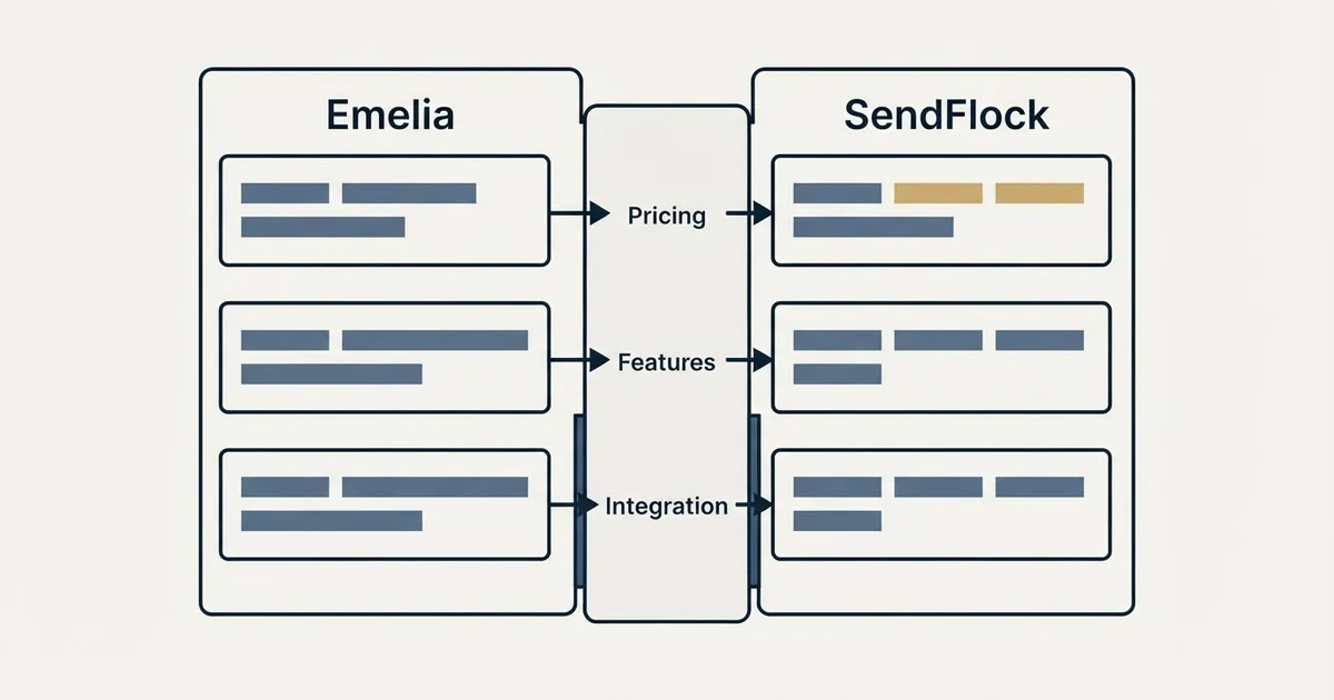 Comparison panel: Emelia vs SendFlock (Pricing, Features, Integration)
