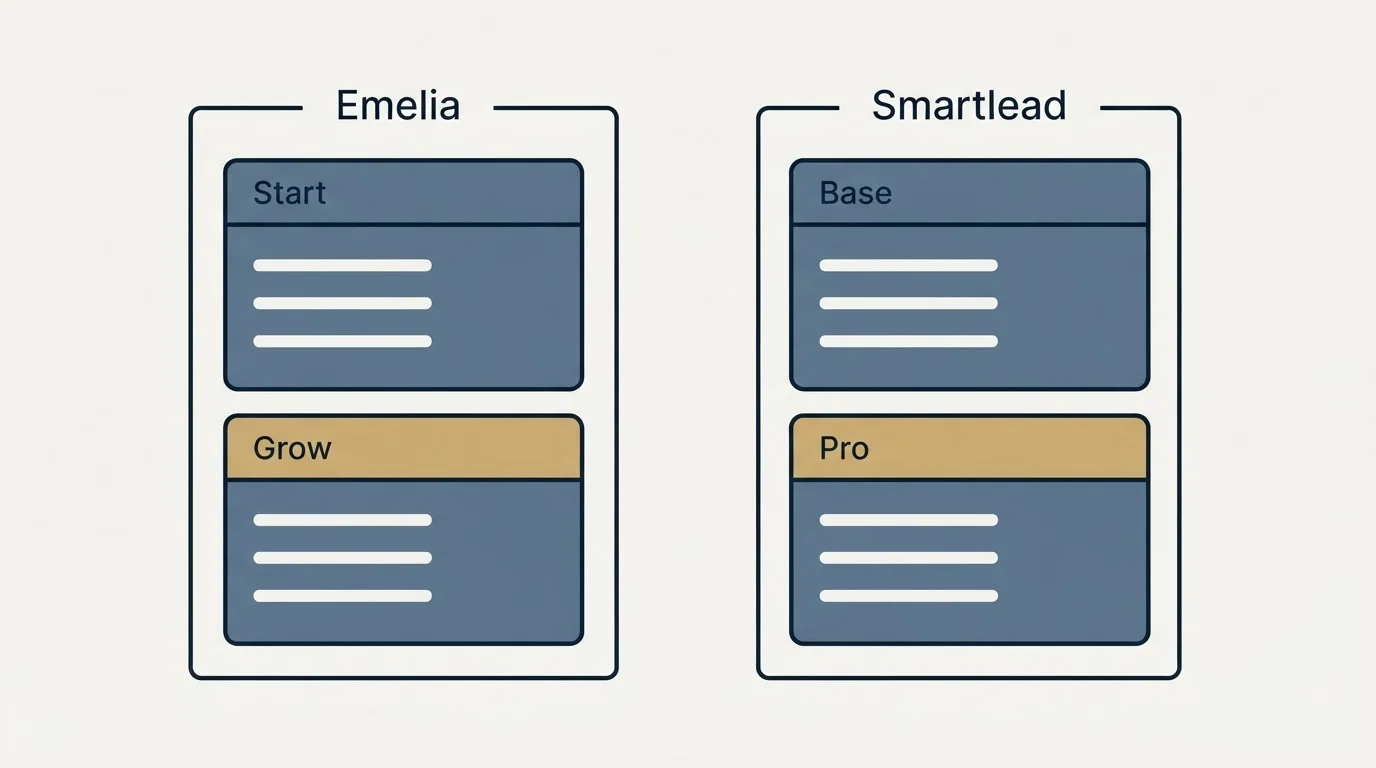 Pricing panels: Pricing Comparison (Emelia, Smartlead, Start, Base)