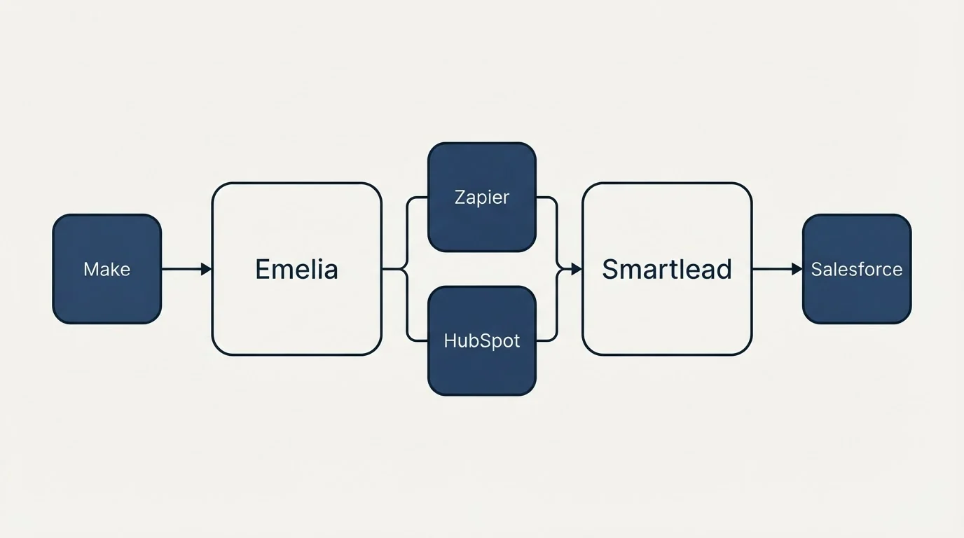 Integration schematic: Integration Ecosystem (Emelia, Smartlead, Zapier, HubSpot)