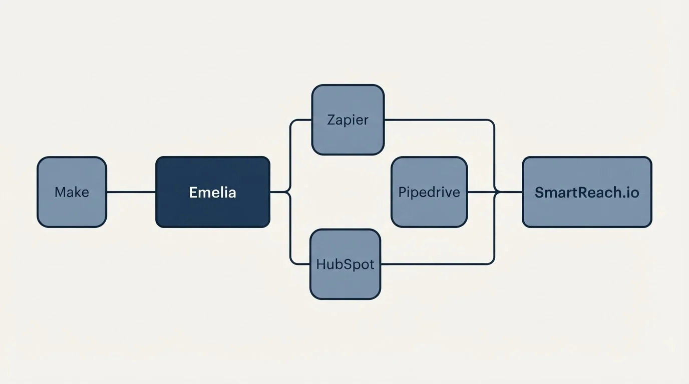 Integration schematic: Integration Ecosystem (Emelia, SmartReach.io, Zapier, Pipedrive)