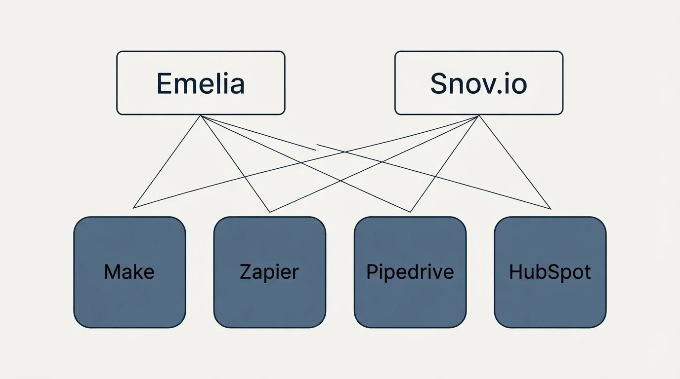 Integration grid: Integration Ecosystem (Emelia, Snov.io, Make, Zapier)