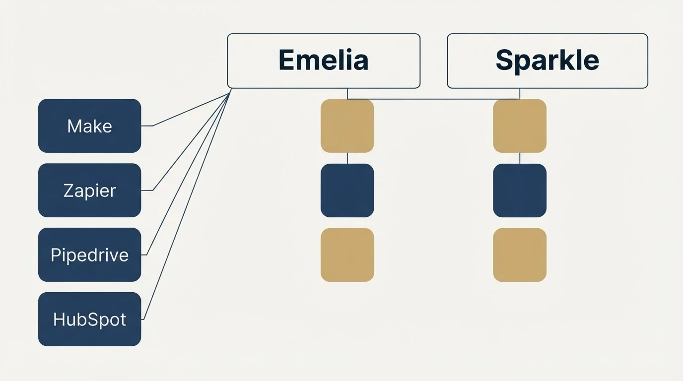 Integration grid: Integration Ecosystem (Emelia, Sparkle, Make, Zapier)