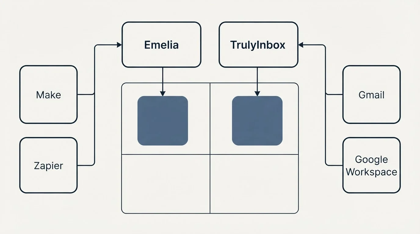 Integration grid: Integration Ecosystem (Emelia, TrulyInbox, Make, Gmail)