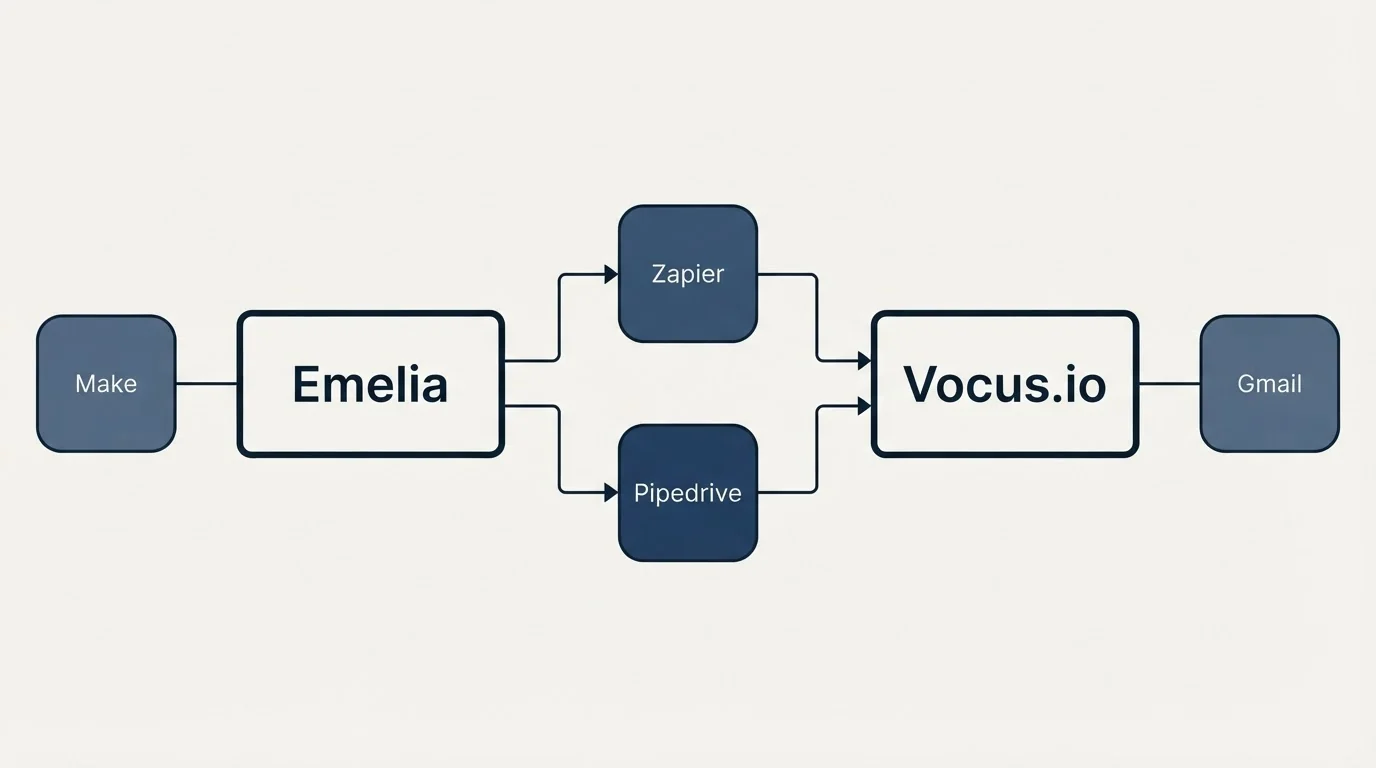 Integration flow: Integration Ecosystem (Emelia, Vocus.io, Zapier, Pipedrive)