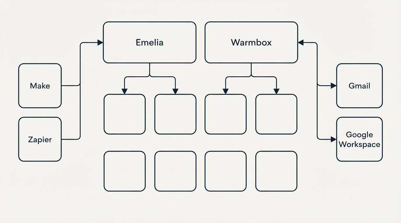 Integration grid: Integration Ecosystem (Emelia, Warmbox, Make, Gmail)