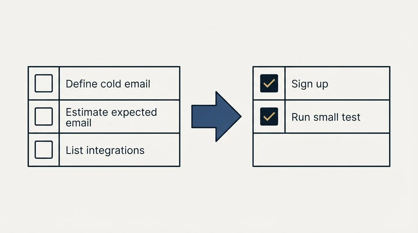 Before-and-after steps: Getting Started Checklist (Define cold email, Estimate expected email, List integrations, Sign up)