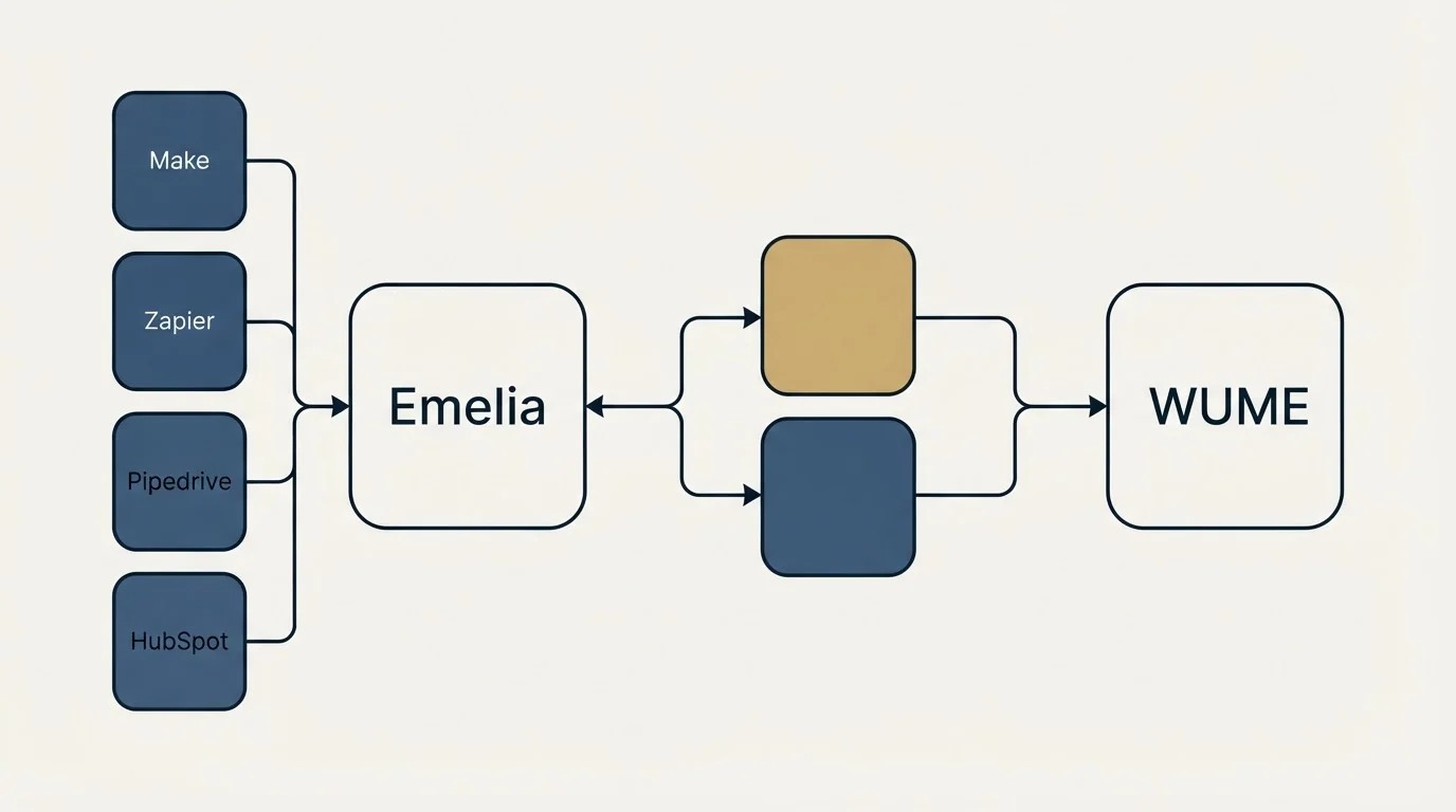 Integration schematic: Integration Ecosystem (Emelia, WUME, Make, Zapier)