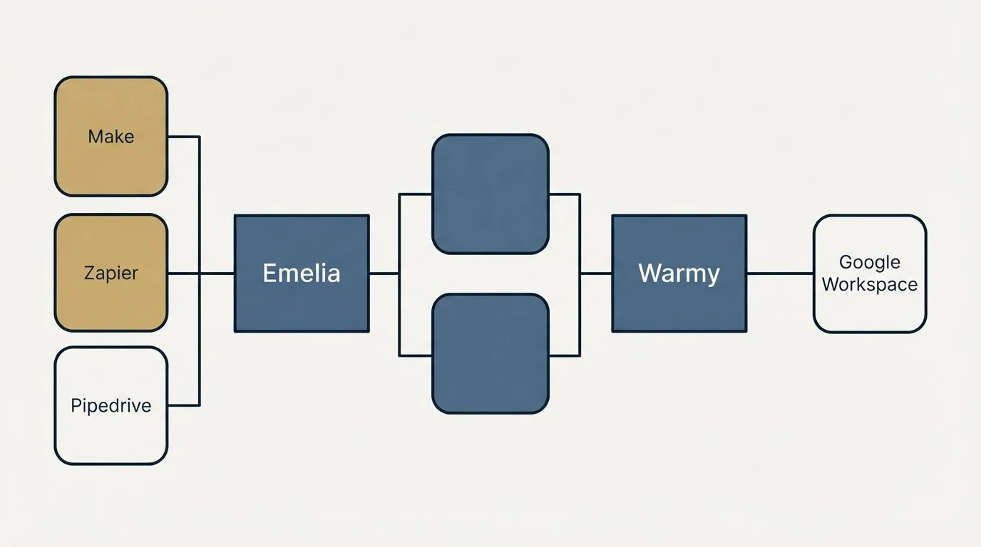 Integration flow: Integration Ecosystem (Emelia, Warmy, Make, Google Workspace)