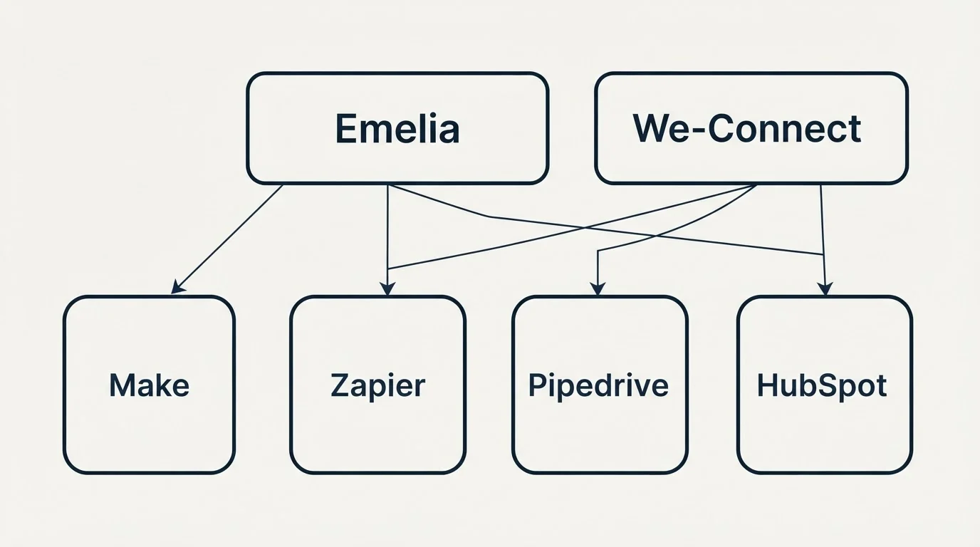 Integration grid: Integration Ecosystem (Emelia, We-Connect, Zapier, Pipedrive)
