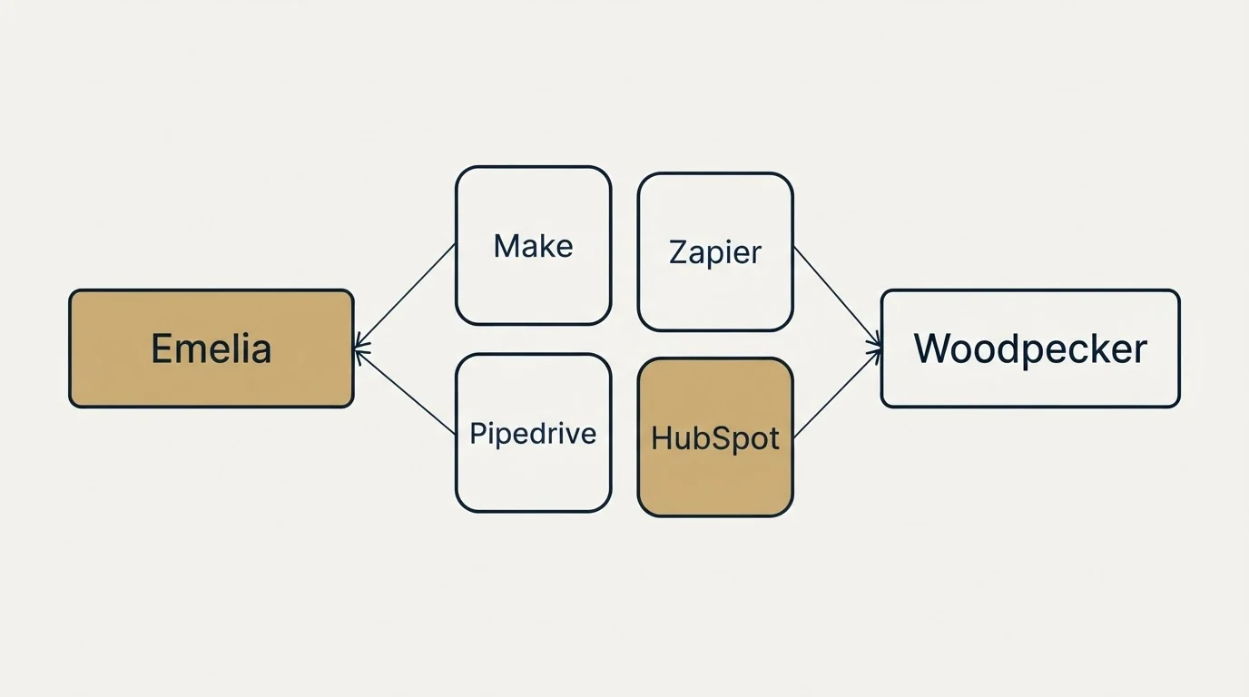 Integration schematic: Integration Ecosystem (Emelia, Woodpecker, Make, Zapier)