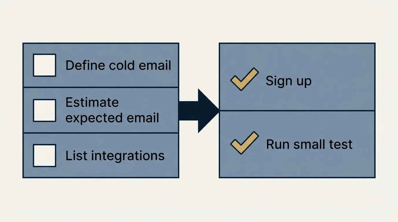 Before-and-after steps: Getting Started Checklist (Define cold email, Estimate expected email, List integrations, Sign up)