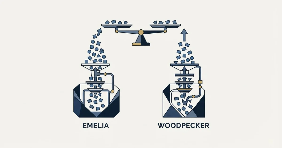 Editorial illustration for Emelia vs Woodpecker