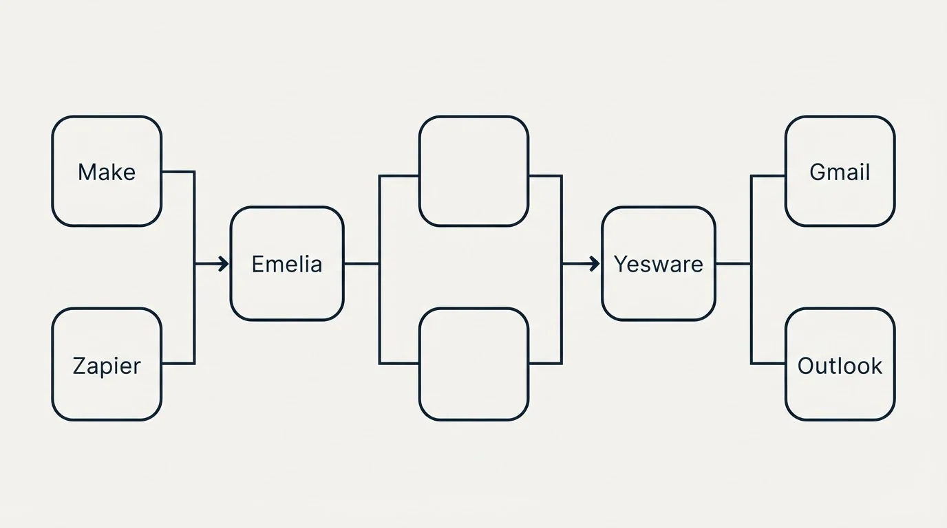 Integration flow: Integration Ecosystem (Emelia, Yesware, Make, Gmail)