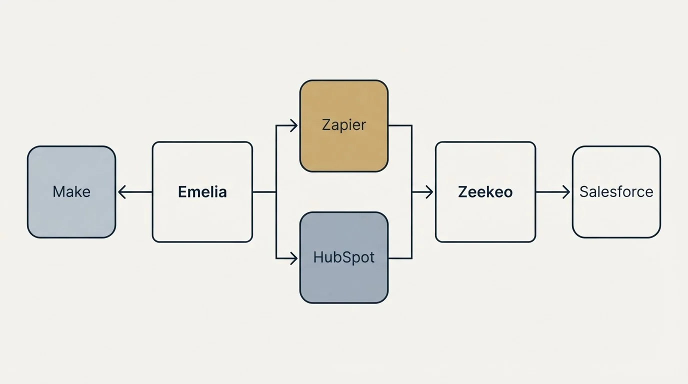 Integration flow: Integration Ecosystem (Emelia, Zeekeo, Zapier, HubSpot)