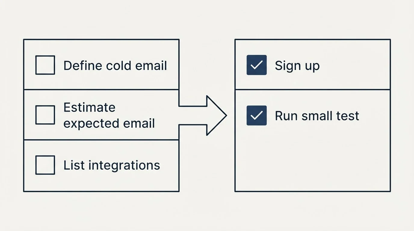 Before-and-after steps: Getting Started Checklist (Define cold email, Estimate expected email, List integrations, Sign up)