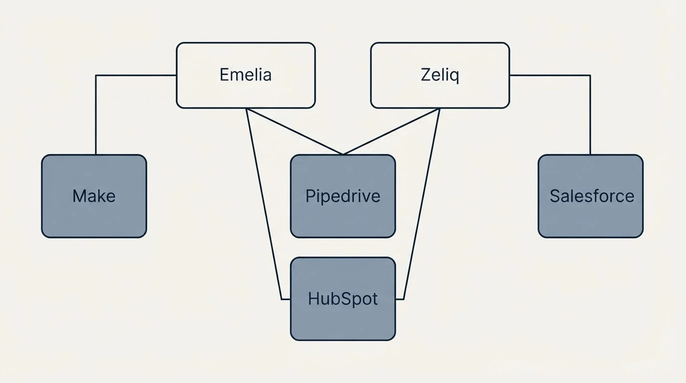 Integration grid: Integration Ecosystem (Emelia, Zeliq, Pipedrive, HubSpot)
