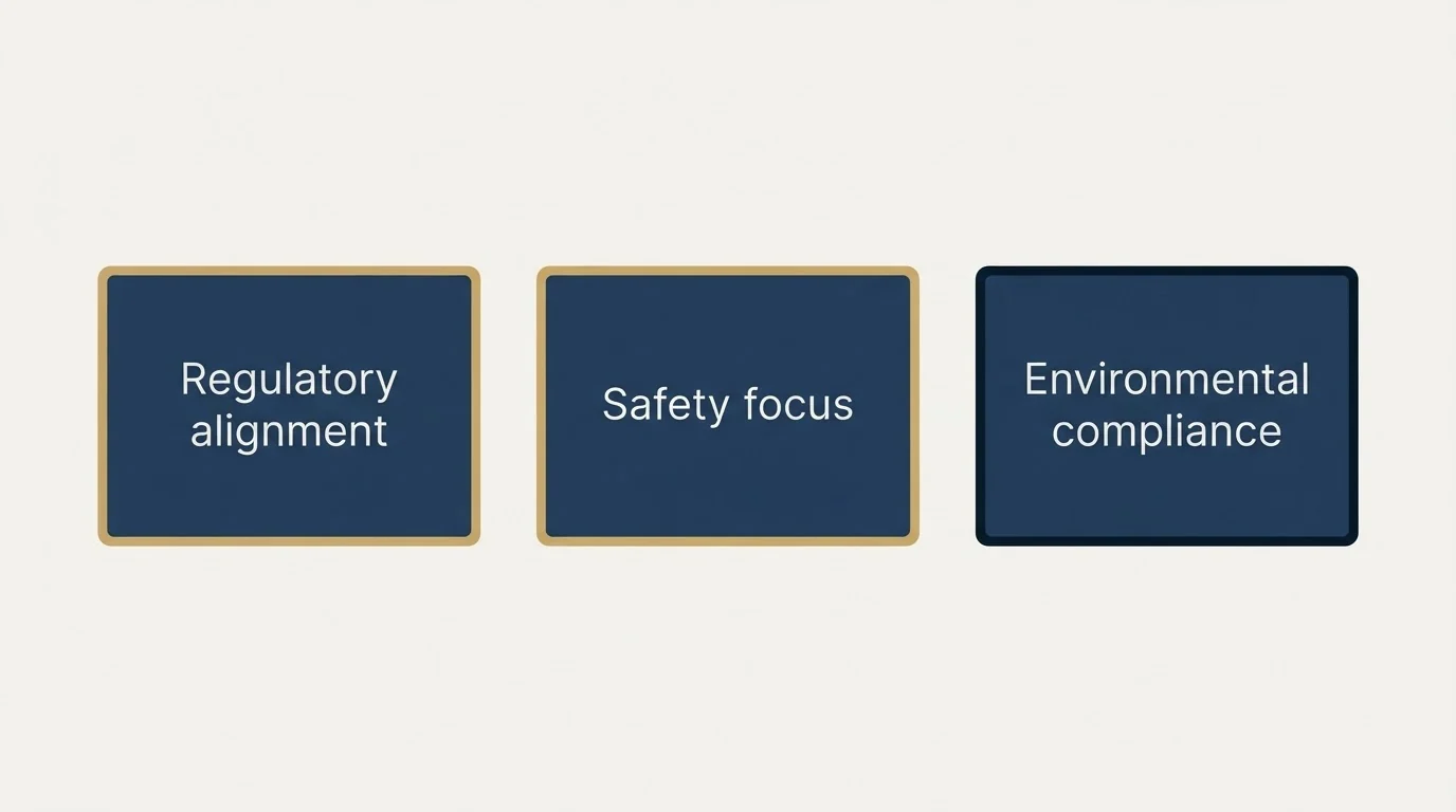 Schematic: Regulatory and Safety Considerations (Regulatory alignment, Safety focus, Environmental compliance)